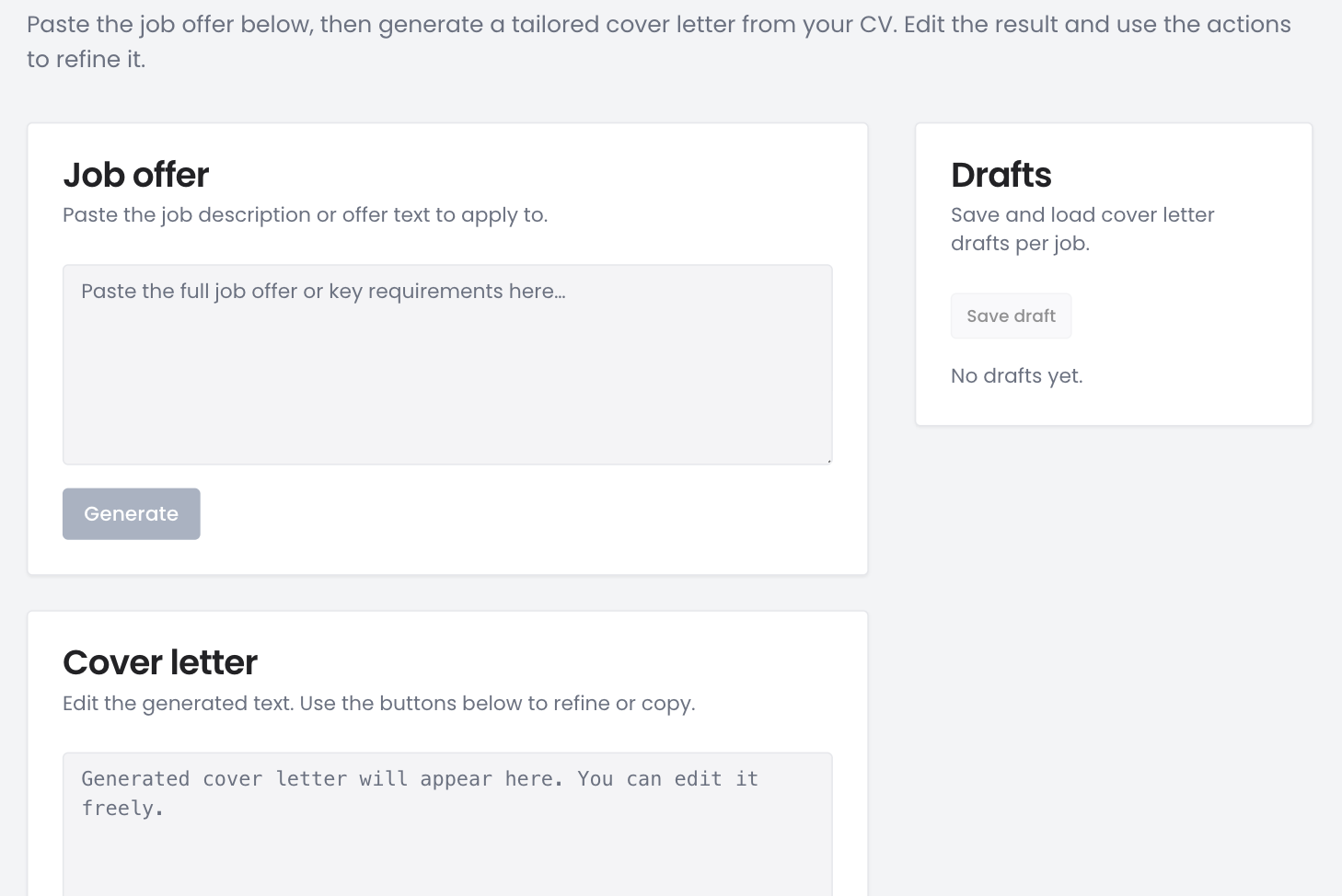 Propages Cover Letters – paste job offer, generate and edit cover letter, save drafts