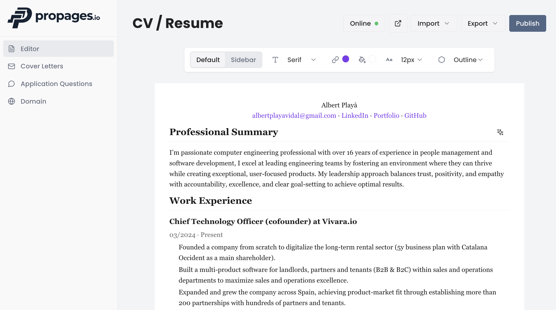 Propages CV editor – create and customize your CV with sections, layout, and export options